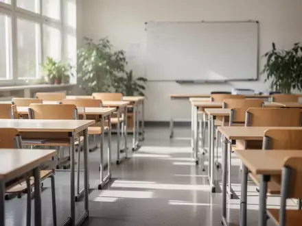 Ein leerer, modern gestalteter Klassenraum mit hellen Holzmöbeln und einfallendem Tageslicht. - Foto: über boerse-global.de