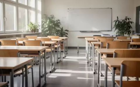 Ein leerer, modern gestalteter Klassenraum mit hellen Holzmöbeln und einfallendem Tageslicht. - Foto: über boerse-global.de