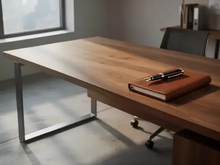 Ein minimalistischer, leerer Büroarbeitsplatz mit einem Holztisch und einem geschlossenen Notizbuch in natürlichem Licht. - Foto: über boerse-global.de