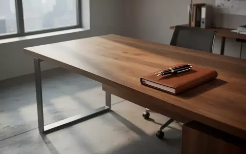 Ein minimalistischer, leerer Büroarbeitsplatz mit einem Holztisch und einem geschlossenen Notizbuch in natürlichem Licht. - Foto: über boerse-global.de
