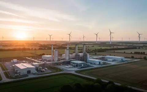 Moderne Industrieanlage in einer Grenzregion mit Windrädern im Hintergrund als Symbol für nachhaltige Wirtschaft. - Foto: über boerse-global.de