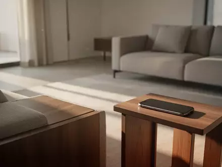 Ein Smartphone liegt verdeckt auf einem Holztisch in einem modernen, hellen Wohnzimmer. - Foto: über boerse-global.de