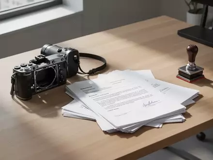 Ein minimalistischer Schreibtisch mit einer Digitalkamera und leeren Rechtsdokumenten in einem Büro. - Foto: über boerse-global.de