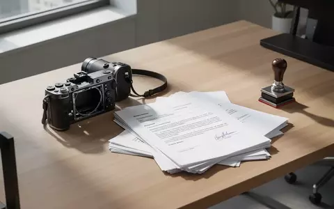 Ein minimalistischer Schreibtisch mit einer Digitalkamera und leeren Rechtsdokumenten in einem Büro. - Foto: über boerse-global.de