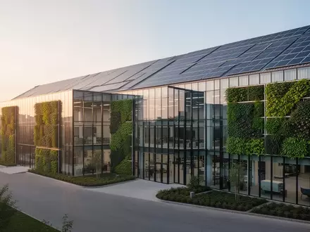 Moderne, nachhaltige Firmenarchitektur mit begrünten Fassaden und Solaranlagen bei Tageslicht. - Foto: über boerse-global.de