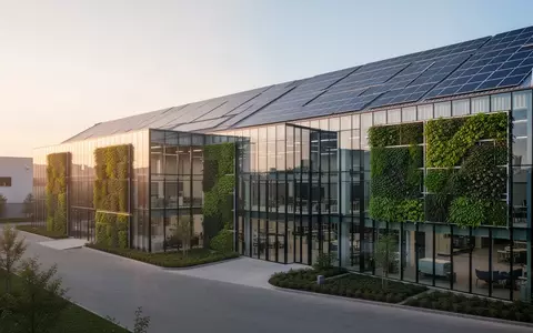 Moderne, nachhaltige Firmenarchitektur mit begrünten Fassaden und Solaranlagen bei Tageslicht. - Foto: über boerse-global.de