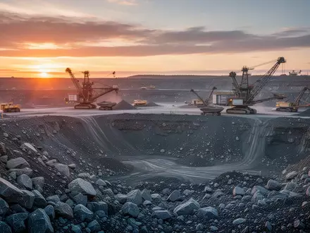 Ein offener Uran-Tagebau in einer weitläufigen Felslandschaft bei Sonnenuntergang. - Foto: über boerse-global.de
