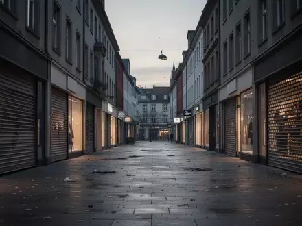Leere Einkaufsstraße in einer deutschen Stadt mit geschlossenen Ladenfronten und gedimmter Beleuchtung bei Dämmerung. - Foto: über boerse-global.de