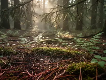 Nahaufnahme eines Waldbodens mit Moos, Tannennadeln und Farnen bei natürlichem Tageslicht. - Foto: über boerse-global.de