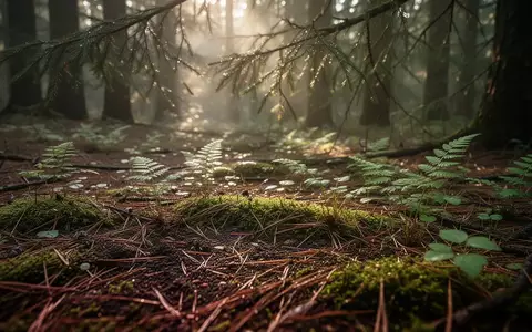 Nahaufnahme eines Waldbodens mit Moos, Tannennadeln und Farnen bei natürlichem Tageslicht. - Foto: über boerse-global.de
