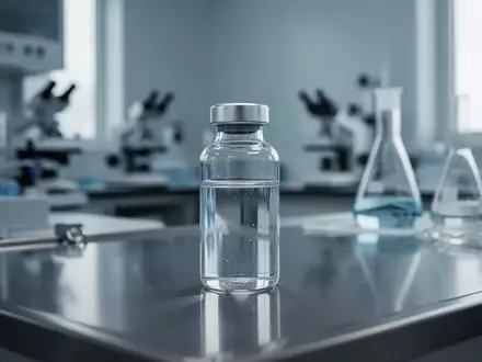 Ein gläsernes Laborgefäß mit einer klaren Flüssigkeit auf einer Edelstahloberfläche in einem sterilen Forschungslabor. - Foto: über boerse-global.de