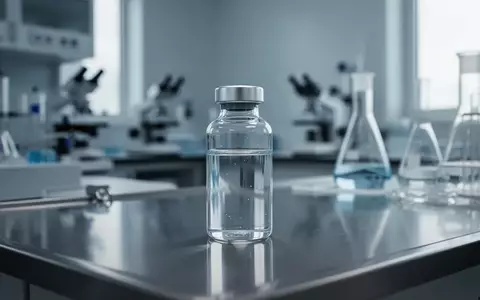 Ein gläsernes Laborgefäß mit einer klaren Flüssigkeit auf einer Edelstahloberfläche in einem sterilen Forschungslabor. - Foto: über boerse-global.de
