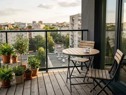 Ein moderner, minimalistisch gestalteter kleiner Stadtbalkon mit platzsparenden Klappmöbeln und Pflanzen in der Abendsonne. - Foto: über boerse-global.de