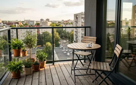 Ein moderner, minimalistisch gestalteter kleiner Stadtbalkon mit platzsparenden Klappmöbeln und Pflanzen in der Abendsonne. - Foto: über boerse-global.de