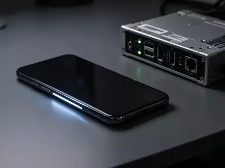 Ein Smartphone liegt auf einer dunklen Arbeitsfläche neben forensischer Hardware zur digitalen Datenwiederherstellung. - Foto: über boerse-global.de