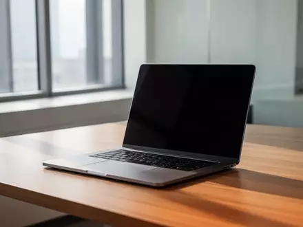 Ein moderner, minimalistischer Büroarbeitsplatz mit einem ausgeschalteten Laptop auf einem Schreibtisch bei Tageslicht. - Foto: über boerse-global.de