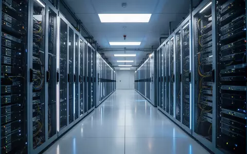 Moderne Serverräume in einem Rechenzentrum mit langen Reihen von Hardware-Racks bei bläulicher Beleuchtung. - Foto: über boerse-global.de