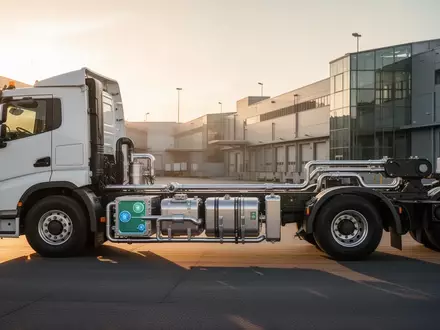 Ein schwerer 40-Tonnen-Lkw in einer modernen Logistikanlage mit Fokus auf die wasserstoffbasierte Antriebstechnik. - Foto: über boerse-global.de