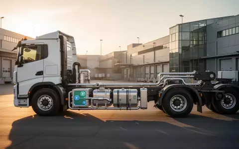 Ein schwerer 40-Tonnen-Lkw in einer modernen Logistikanlage mit Fokus auf die wasserstoffbasierte Antriebstechnik. - Foto: über boerse-global.de