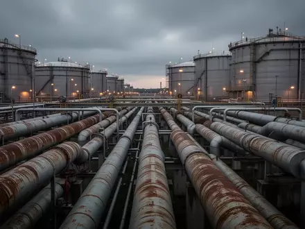 Industrielle Erdgasspeicheranlage mit massiven Stahlrohren und großen zylindrischen Tanks vor einem bewölkten Himmel. - Foto: über boerse-global.de