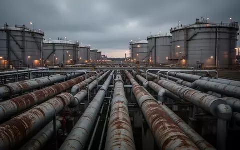 Industrielle Erdgasspeicheranlage mit massiven Stahlrohren und großen zylindrischen Tanks vor einem bewölkten Himmel. - Foto: über boerse-global.de