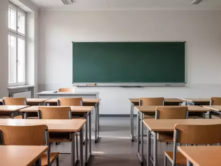 Ein leerer, modern eingerichteter Klassenraum mit Holztischen und einer leeren Schultafel in einer hessischen Schule. - Foto: über boerse-global.de