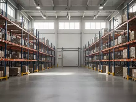 Leeres, modernes Logistiklager mit hohen Regalen und Industrieboden bei Tageslicht. - Foto: über boerse-global.de