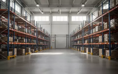 Leeres, modernes Logistiklager mit hohen Regalen und Industrieboden bei Tageslicht. - Foto: über boerse-global.de