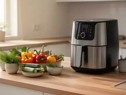 Ein moderner Airfryer auf einer Küchenarbeitsplatte neben frischem Gemüse wie Paprika und Zucchini bei natürlichem Licht. - Foto: über boerse-global.de
