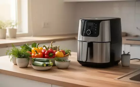 Ein moderner Airfryer auf einer Küchenarbeitsplatte neben frischem Gemüse wie Paprika und Zucchini bei natürlichem Licht. - Foto: über boerse-global.de