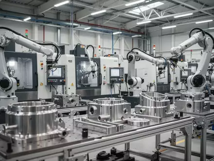 Moderne, helle Produktionshalle in der Luft- und Raumfahrtfertigung mit präzisen Maschinen und metallischen Bauteilen. - Foto: über boerse-global.de
