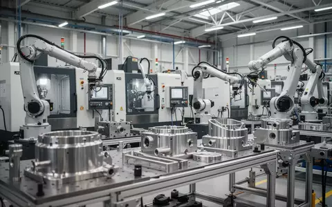 Moderne, helle Produktionshalle in der Luft- und Raumfahrtfertigung mit präzisen Maschinen und metallischen Bauteilen. - Foto: über boerse-global.de
