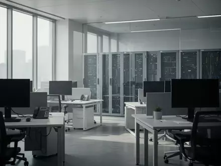 Ein leeres, modernes Büro mit ausgeschalteten Monitoren und minimalistischer Architektur bei Tageslicht. - Foto: über boerse-global.de