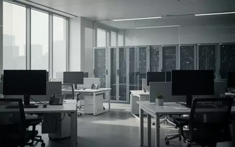 Ein leeres, modernes Büro mit ausgeschalteten Monitoren und minimalistischer Architektur bei Tageslicht. - Foto: über boerse-global.de