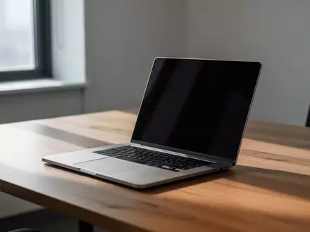 Ein minimalistischer Arbeitsplatz mit einem Laptop auf einem Holztisch bei natürlichem Licht, Fokus auf lokaler Datenverarbeitung. - Foto: über boerse-global.de