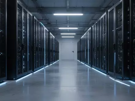 Reihen von modernen Server-Racks in einem hochmodernen Rechenzentrum mit blauer Beleuchtung. - Foto: über boerse-global.de