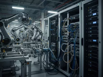 Moderne industrielle Fertigungsanlage mit komplexen Maschinen und vernetzten Server-Racks in einer Industriehalle. - Foto: über boerse-global.de