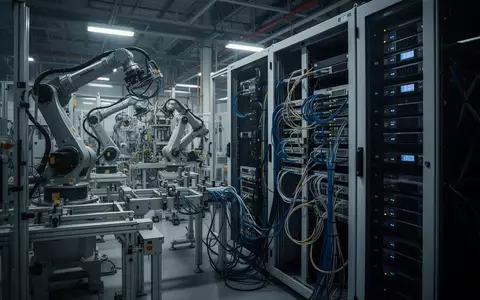 Moderne industrielle Fertigungsanlage mit komplexen Maschinen und vernetzten Server-Racks in einer Industriehalle. - Foto: über boerse-global.de