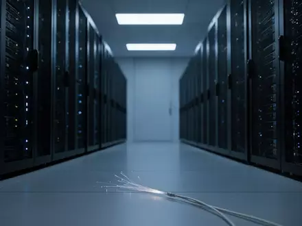 Moderne Serveranlage in einem Rechenzentrum mit blau beleuchteten Serverschränken und Glasfaserkabeln. - Foto: über boerse-global.de