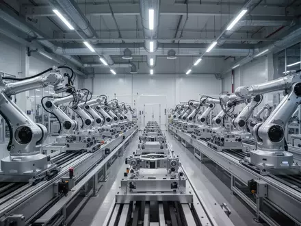 Moderne Produktionshalle einer Robotik-Fabrik mit industriellen Montagebändern und technischen Komponenten. - Foto: über boerse-global.de