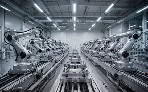 Moderne Produktionshalle einer Robotik-Fabrik mit industriellen Montagebändern und technischen Komponenten. - Foto: über boerse-global.de