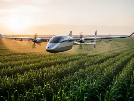 Ein autonomes elektrisches Sprühflugzeug fliegt über ein landwirtschaftliches Feld. - Foto: über boerse-global.de