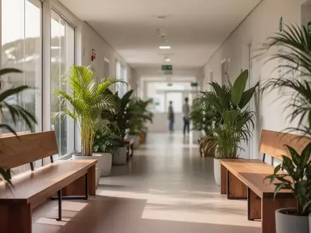 Ein heller, moderner Wartebereich einer brasilianischen Gesundheitsklinik mit Holzbänken und Pflanzen bei Tageslicht. - Foto: über boerse-global.de