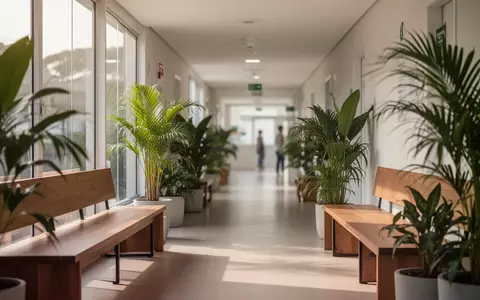 Ein heller, moderner Wartebereich einer brasilianischen Gesundheitsklinik mit Holzbänken und Pflanzen bei Tageslicht. - Foto: über boerse-global.de
