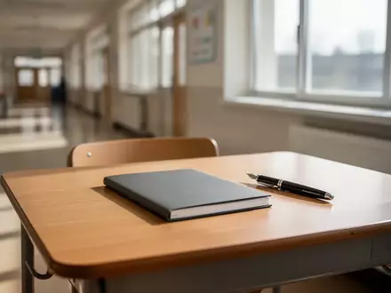 Ein leerer Schultisch mit einem geschlossenen Notizbuch und einem Füller in einem hellen, sonnendurchfluteten Klassenzimmer. - Foto: über boerse-global.de