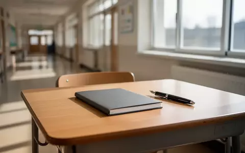 Ein leerer Schultisch mit einem geschlossenen Notizbuch und einem Füller in einem hellen, sonnendurchfluteten Klassenzimmer. - Foto: über boerse-global.de