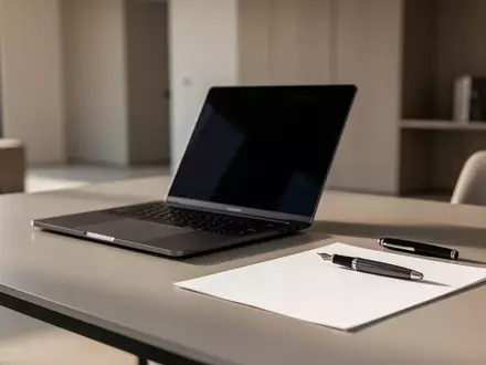 Ein minimalistischer Schreibtisch mit einem geschlossenen Laptop und unbeschriebenen Unterlagen in einem hellen Büro. - Foto: über boerse-global.de