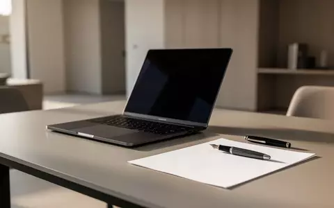 Ein minimalistischer Schreibtisch mit einem geschlossenen Laptop und unbeschriebenen Unterlagen in einem hellen Büro. - Foto: über boerse-global.de