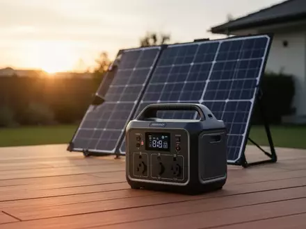 Eine tragbare Powerstation und ein Solarmodul stehen auf einer Holzterrasse im warmen Licht der Abendsonne. - Foto: über boerse-global.de