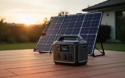 Eine tragbare Powerstation und ein Solarmodul stehen auf einer Holzterrasse im warmen Licht der Abendsonne. - Foto: über boerse-global.de